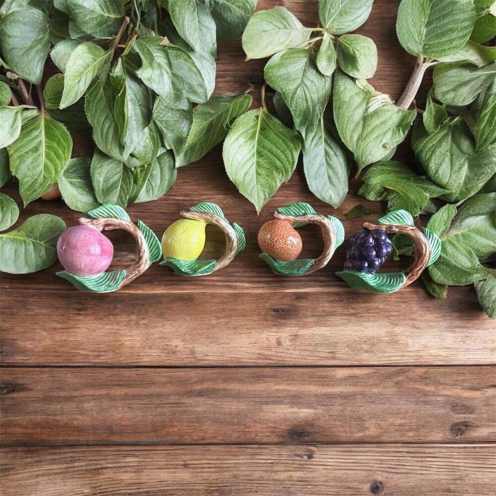 VTG Fitz & Floyd Ceramic Fruit Napkin Rings Set Of 4 Hand Painted Decor Cottage